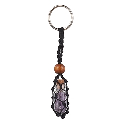 Amethyst Natural Amethyst Wishing Bottle Keychain, Nylon Cord Macrame Pouch Stone Holder, with Iron Split Key Rings and Wood Bead, 10.5cm