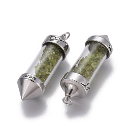 Peridot Natural Peridot Big Pointed Pendants, Dowsing Pendulum Pendants Making, with Brass Findings, Bullet, Antique Silver, 57x17mm, Hole: 4mm