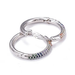 Real Platinum Plated Brass Micro Pave Cubic Zirconia Huggie Hoop Earrings, Long-Lasting Plated, Ring, Colorful, Real Platinum Plated, 20x2.5mm, Pin: 0.8mm
