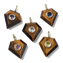 Тигровый глаз Граненые подвески из натурального тигрового глаза, Бриллиантовые подвески с латунными микропаве и фианитами кубического циркония случайного цвета, золотые, 25x18x8 мм, отверстие : 4x2 мм