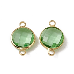 Peridot Transparent K9 Glass Connector Charms, with Light Gold Plated Brass Findings, Faceted, Flat Round Links, Peridot, 19.5x12.5x4.5mm, Hole: 2mm