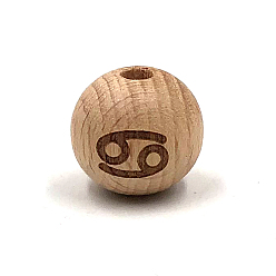 Cancer Beech Wood Beads, Laser Engraved Bead, Round with Constellation Pattern, BurlyWood, Cancer, 16mm, 15pcs/bag