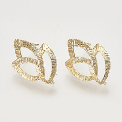 Real 18K Gold Plated Brass Stud Earring Findings, with Loop, Leaf, Nickel Free, Real 18K Gold Plated, 22x14.5mm, Hole: 2mm, Pin: 0.8mm