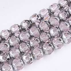 Pink Electroplate Glass Beads Strands, Half Silver Plated, Faceted, Round, Pink, 8~8.5x7~8mm, Hole: 1mm, about 40pcs/strand, 11.8 inch