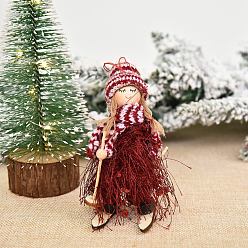 Dark Red Cloth & Wood Ski Doll Pendant Decorations, for Christmas Tree Hanging Ornaments, Dark Red, 100x50x60mm