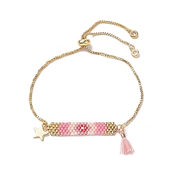 Pink Handmade Japanese Seed Rectangle & Star & Tassel Charms Slider Bracelet, Golden 304 Stainless Steel Jewelry for Women, Pink, 10-5/8 inch(27cm)