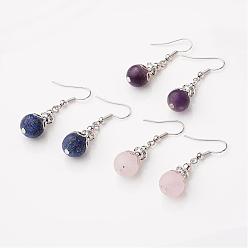 Mixed Stone Tibetan Style Alloy Dangle Earrings, with Natural Gemstone and Brass Earring Hooks, 40mm, Pin: 0.7mm