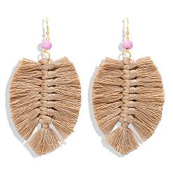 Brown fringe Boho Tassel Earrings with Handmade Knitted Thread and Alloy Accents