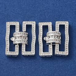 Серебро Латунное микропейв, прозрачный кубический цирконий, складные застежки, прямоугольные, серебряные, 21.5x18.5x5 мм