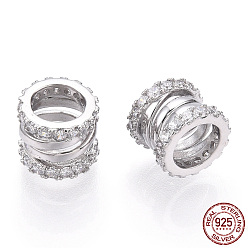 Real Platinum Plated Rhodium Plated 925 Sterling Silver Micro Pave Cubic Zirconia Beads, Hollow Column, Nickel Free, Real Platinum Plated, 8x7mm, Hole: 5mm