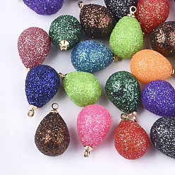 Mixed Color Acrylic Pendants, with Glitter Powder and Brass Findings, teardrop, Golden, Mixed Color, 19x10mm, Hole: 1mm