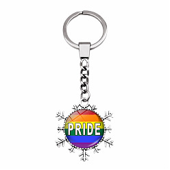 Word Pride Flag/Rainbow Flag Glass Cabochons Keychain, Alloy Snowflake Pendant Keychain, Word, Cabochons: 2.5cm