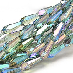Medium Aquamarine Full Rainbow Plated Faceted Teardrop Glass Bead Strands, Medium Aquamarine, 18x8mm, Hole: 1mm, about 23pcs/strand, 16.5 inch
