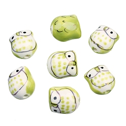 Yellow Green Pearlized Handmade Porcelain Beads, Owl, Yellow Green, 15x16mm, about 10pcs/bag