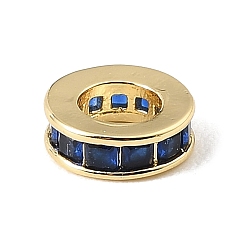 Dark Blue Brass Pave Cubic Zirconia European Beads, Flat Round, Large Hole Beads, Rack Plating, Long-Lasting Plated, Lead Free & Cadmium Free, Real 18K Gold Plated, Dark Blue, 9x3.3mm, Hole: 4.6mm