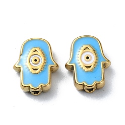 Light Sky Blue Ion Plating(IP) 304 Stainless Steel Enamel Beads, Real 18K Gold Plated, Hamsa Hand with Eye, Light Sky Blue, 9x12x3.5mm, Hole: 1.2mm