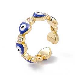 Blue Heart with Evil Eye Enamel & Clear Cubic Zirconia Open Cuff Ring, Real 18K Gold Plated Brass Jewelry for Women, Lead Free & Cadmium Free, Blue, US Size 6 1/4(16.7mm)