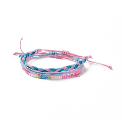 Pink 3Pcs 3 Style Plastic Braided Bead Bracelets Set, Waxed Polyester Cord Adjustable Bracelets for Women, Pink, Inner Diameter: 2~4-1/4 inch(5.1~10.7cm), 1Pc/style