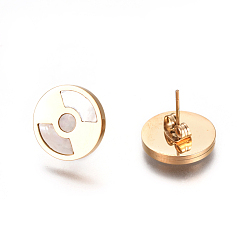 Golden 304 Stainless Steel Stud Earrings, with Shell and Ear Nuts/Earring Back, Flat Round, Golden, 15x2mm, Pin: 0.8mm