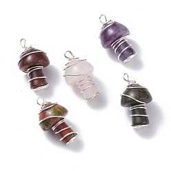 Silver Natural Mixed Gemstone GuaSha Stone Pendants, with Eco-Friendly Copper Wire Wrapped, Mushroom, Silver, 28x17mm, Hole: 2.5mm