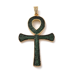 Темно-Зеленый Латунные микро проложить кубического циркония большие кулоны, крест прелести, стойки покрытие, прочное покрытие, без кадмия и без свинца, реальный 18 k позолоченный, темно-зеленый, 51x32.5x4 мм, отверстие : 3x5 мм