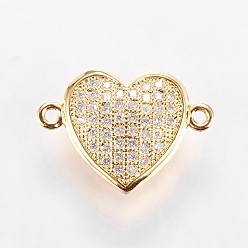 Clear Brass Micro Pave Cubic Zirconia Links, Cadmium Free & Lead Free, Clear, Real 18K Gold Plated, Heart, 12x17.5x5.5mm, Hole: 1mm