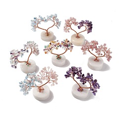 Mixed Stone Natural Gemstone Chips and Natural White Jade Pedestal Display Decorations, Healing Stone Tree, for Reiki Healing Crystals Chakra Balancing, with Rose Gold Plated Brass Wires, Lucky Tree, 52~56x95~110x91~108mm