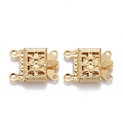 Real 24K Gold Plated 304 Stainless Steel Box Clasps, Multi-Strand Clasps, 2-Strands, 4-Holes, Rectangle with Flower, Real 24k Gold Plated, 15x10x3mm, Hole: 1mm