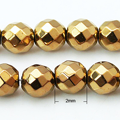 Золотистый Немагнитные синтетический гематит бисер пряди, граненые, круглые, с золотым покрытием, золотые, 2 мм, отверстие : 1 мм, около 203 шт / нитка, 15.7 дюйм