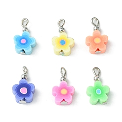 Platinum Handmade Polymer Clay Pendants, with Iron Findings, Flower Charm, Platinum, 16x9.5x4mm, Hole: 2~3mm, 6 colors, 1pc/colors, 6pcs/set