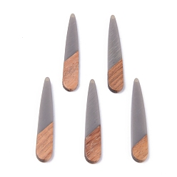 Gray Resin & Walnut Wood Pendants, Teardrop, Gray, 44x7.5x3mm, Hole: 1.2mm