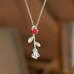 Красный Подвеска в виде розы из латуни с прозрачными кубическими циркониями ко Дню святого Валентина 304 Цепочка из нержавеющей стали для женщин, платины и нержавеющая сталь цвет, красные, 15.75 дюйм (40 см)