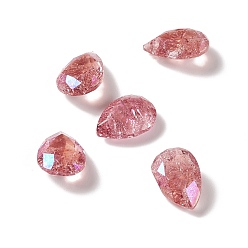 Rose Crackle Moonlight Style Glass Rhinestone Cabochons, Pointed Back, Teardrop, Rose, 10x7x4~4.5mm