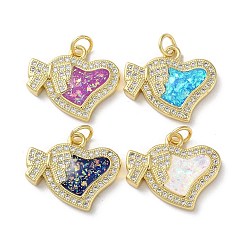 Mixed Color Valentine's Day Brass Micro Pave Clear Cubic Zirconia Pendants, with Synthetic Opal, Real 18K Gold Plated, Heart with with Bowknot Charms, Mixed Color, 16x19x3mm, Hole: 3.5mm