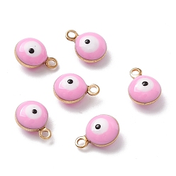 Бледно-Розовый Латунь прелести, с двусторонней эмалью, долговечный, реальный 18 k позолоченный, плоский круглый с оберегами от сглаза, розовый жемчуг, 9x6.5x4 мм, отверстие : 1.2 мм