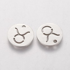 Taurus 304 Stainless Steel Charms, Flat Round with Constellation/Zodiac Sign, Taurus, 12x1mm, Hole: 1.5mm