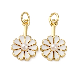 Белый Латунь эмаль подвески, цветок, с ABS имитации жемчуга, стойки покрытие, долговечный, с целью перехода в кольце, без кадмия и без свинца, с целью перехода в кольце, белые, 17x10.5x4 мм, отверстие : 3 мм