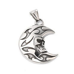 Antique Silver Halloween 304 Stainless Steel Pendants, Moon with Skull Charm, Antique Silver, 48mm, Hole: 6.5x5mm