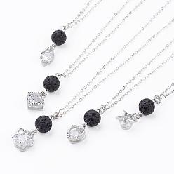 Platinum Alloy Charms with Cubic Zirconia Pendant Necklaces, with Natural Lava Rock Beads, Brass Chains and Iron Findings, Mixed Shapes, Platinum, 18 inch(45.72cm)