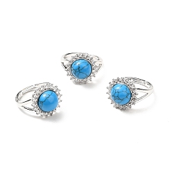 Synthetic Turquoise Synthetic Turquoise Adjustable Rings, Platinum Tone Flower Brass Rhinestone Rings for Women, Cadmium Free & Lead Free, US Size 8(18.1mm), 2.5~8mm