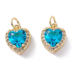 Dark Turquoise Brass Micro Pave Cubic Zirconia Charms, with Jump Ring, Long-Lasting Plated, Heart, Real 18K Gold Plated, Dark Turquoise, 12.5x10x6.5mm, Hole: 3.6mm