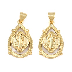 Teardrop Brass Shell Pendants, Saint Benedict Religious Charms, Real 16K Gold Plated, Teardrop, 23x14x3mm, Hole: 5x3mm
