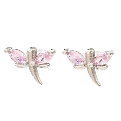Pink Серьги-гвоздики из платиновой латуни со стрекозой, с четким кубического циркония, долговечный, без свинца и без кадмия, розовые, 10x15 мм