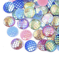 Mixed Color Resin Cabochons, AB Color Plated, Flat Round with Mermaid Fish Scale Pattern, Mixed Color, 12x3.5mm
