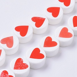 Red Porcelain Beads, Flat Round with Heart, Red, 14~15x8mm, Hole: 1.8mm, about 25pcs/strand, 14.1 inch(36cm)