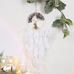 White Tree of Life Natural Fluorite Chips Woven Web/Net with Feather Decorations, for Home Bedroom Hanging Decorations, White, 160mm