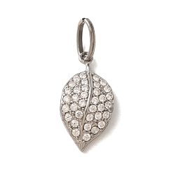 Stainless Steel Color 304 Stainless Steel Micro Pave Clear Cubic Zirconia Charms, Leaf Charms, Stainless Steel Color, 14.5x7.5x4mm, Hole: 4x2.5mm