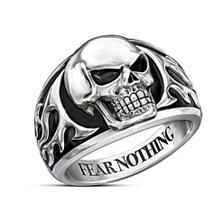Antique Silver Steam Punk Style Alloy Skull Finger Rings, Word Fear Nothing Rings for Women, Antique Silver, US Size 6(16.5mm)