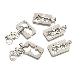 Stainless Steel Color 201 Stainless Steel Split Pendants, Rectangle with Bicycle, Stainless Steel Color, 32x21x1.5mm, Hole: 4x9mm