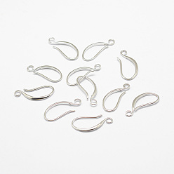 Real Platinum Plated Brass Earring Hooks, with Horizontal Loop, Long-Lasting Plated, Real Platinum Plated, 17x8.5x1.5mm, Hole: 2mm, 21 Gauge, Pin: 0.7x0.8mm